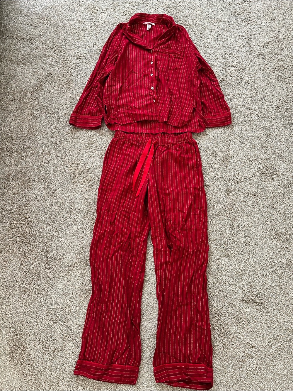 Victoria's Secret Red Striped Button-Up Long-Sleeve Pajama Set